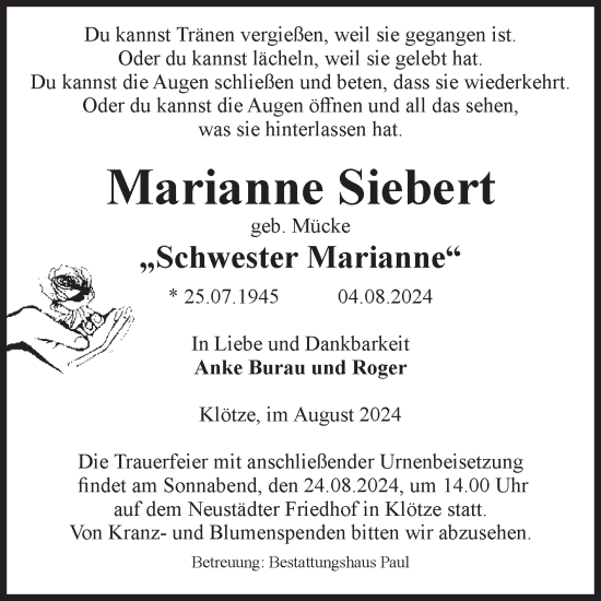 Traueranzeige von Marianne Siebert von Volksstimme Altmark West