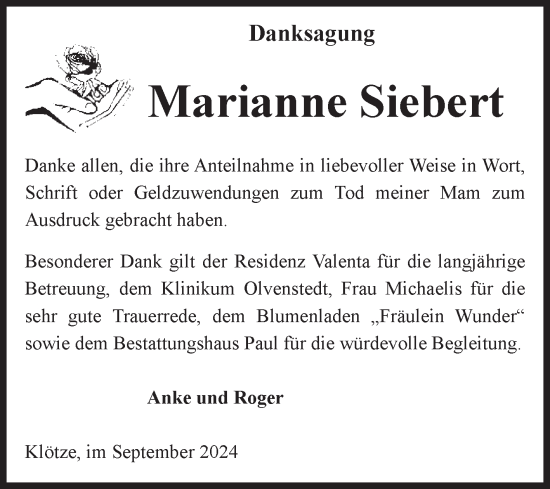 Traueranzeige von Marianne Siebert von Volksstimme Altmark West