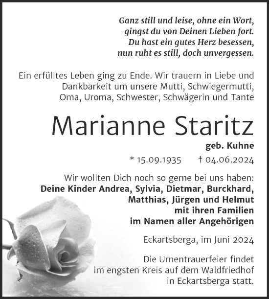 Traueranzeige von Marianne Staritz von Super Sonntag Naumburg/Nebra