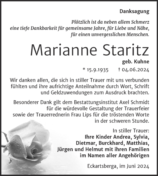 Traueranzeige von Marianne Staritz von Super Sonntag Naumburg/Nebra