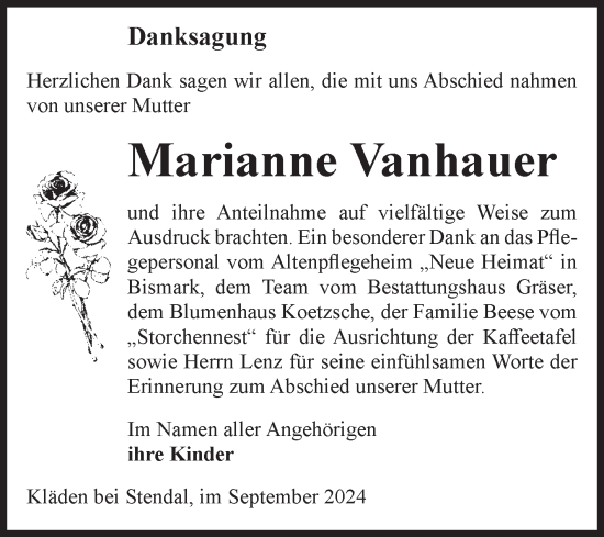 Traueranzeige von Marianne Vanhauer von Volksstimme Altmark Ost