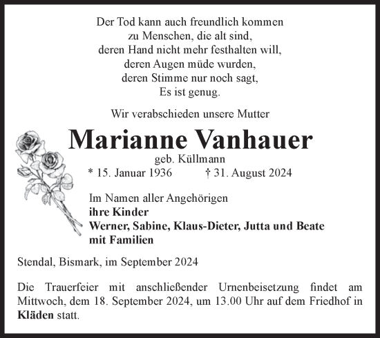 Traueranzeige von Marianne Vanhauer von Volksstimme Altmark Ost