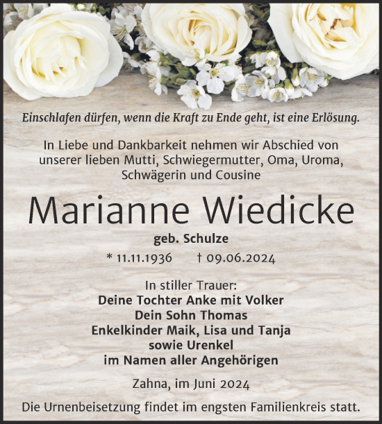 Traueranzeige von Marianne Wiedicke von Trauerkombi Wittenberg