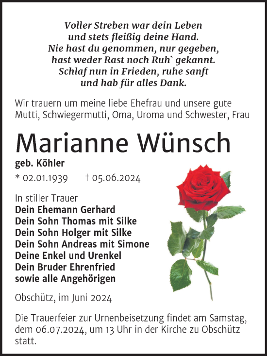 Traueranzeige von Marianne Wünsch von Trauerkombi Weißenfels