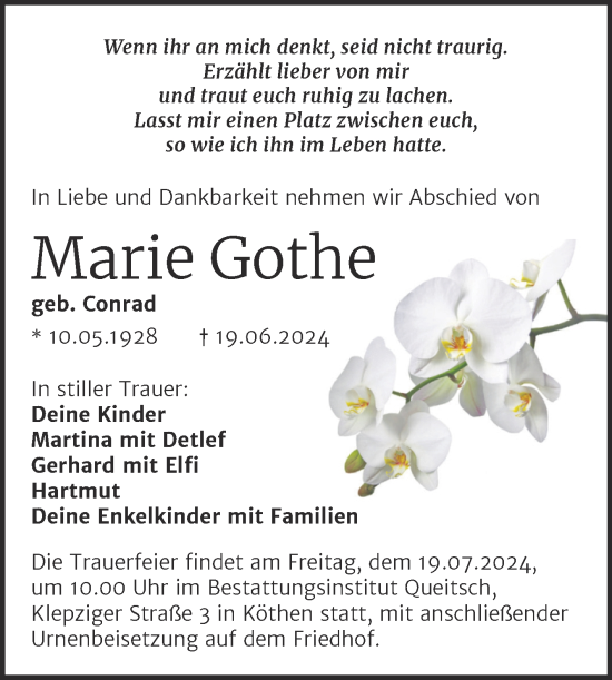 Traueranzeige von Marie Gothe von Trauerkombi Köthen