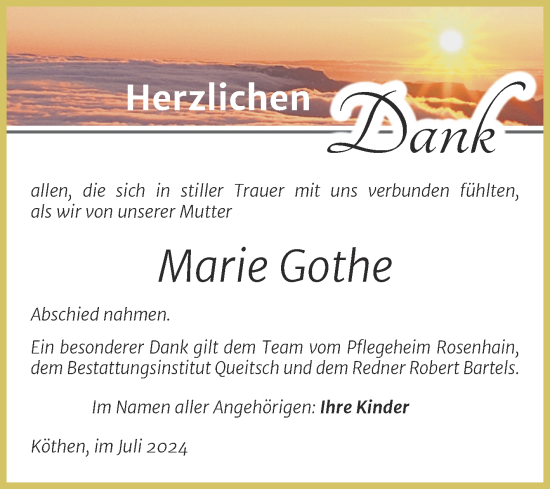 Traueranzeige von Marie Gothe von Trauerkombi Köthen