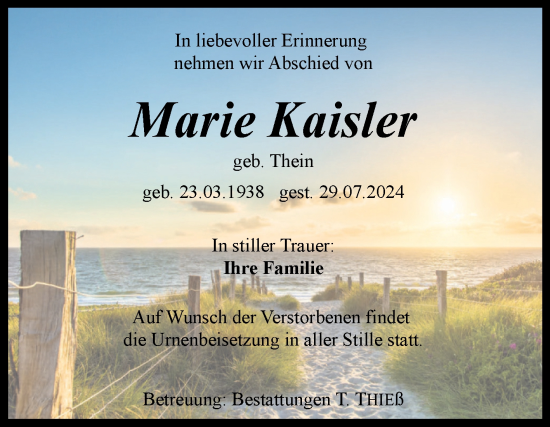 Traueranzeige von Marie Kaisler von Volksstimme Wernigerode