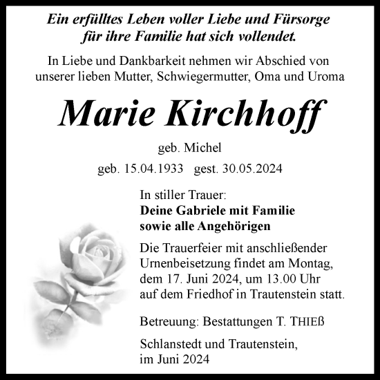 Traueranzeige von Marie Kirchhoff von Volksstimme Halberstadt