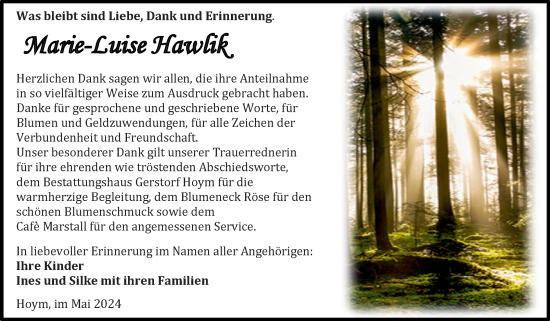 Traueranzeige von Marie-Luise Hawlik von Trauerkombi Aschersleben