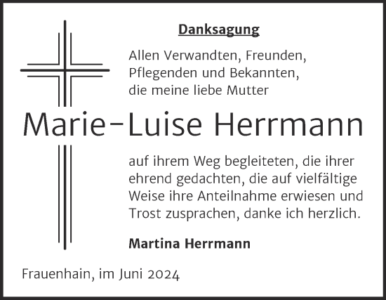 Traueranzeige von Marie-Luise Herrmann von Trauerkombi Zeitz