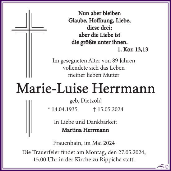 Traueranzeige von Marie-Luise Herrmann von Trauerkombi Zeitz