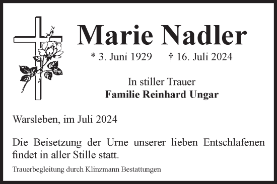 Traueranzeige von Marie Nadler von Volksstimme Oschersleben/Wanzleben