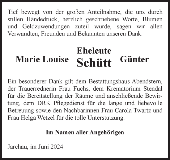 Traueranzeige von Marie Louise und Günter Schütt von Volksstimme Altmark Ost