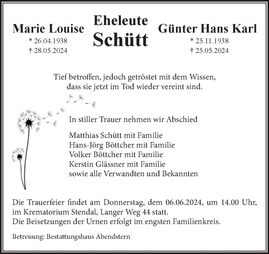 Traueranzeige von Marie Louise und Günter Hans Karl Schütt von Volksstimme Altmark Ost