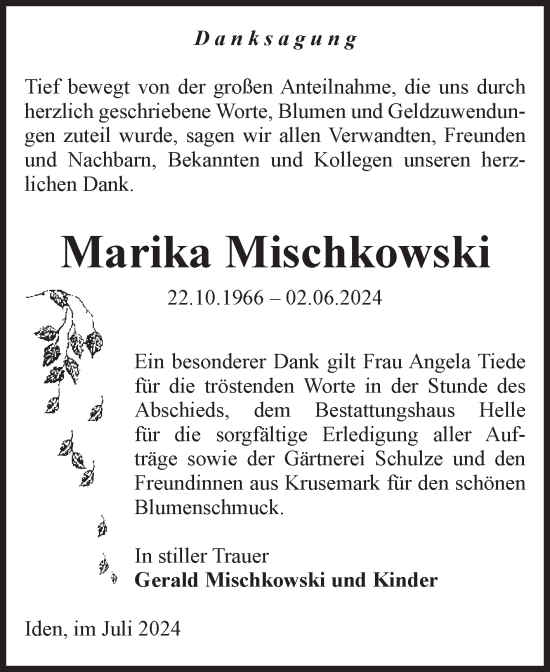 Traueranzeige von Marika Mischkowski von Volksstimme Altmark Ost