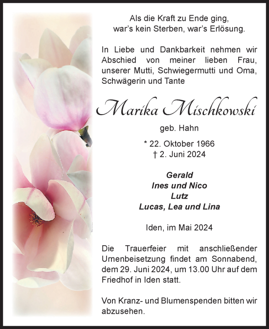 Traueranzeige von Marika Mischkowski von Volksstimme Altmark Ost