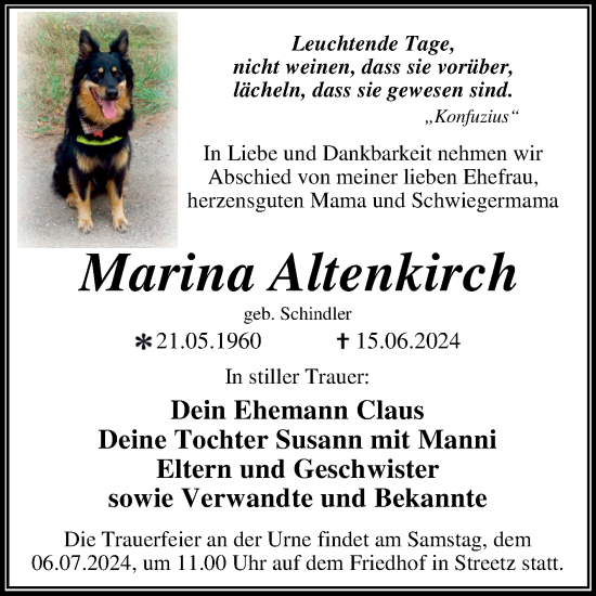 Traueranzeige von Marina Altenkirch von Trauerkombi Dessau