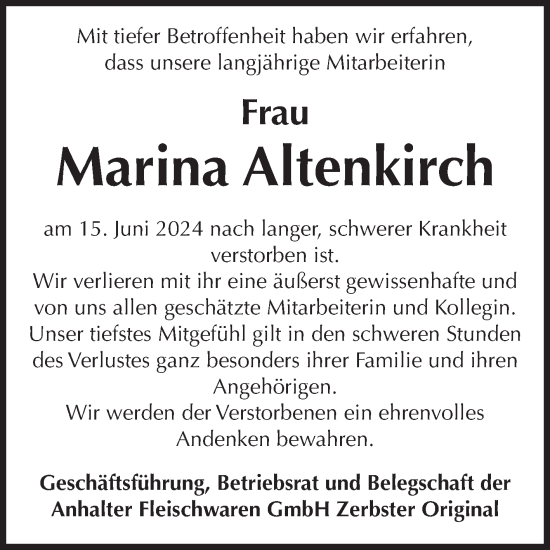Traueranzeige von Marina Altenkirch von Volksstimme Zerbst