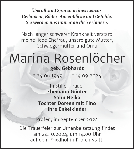 Traueranzeige von Marina Rosenlöcher von Trauerkombi Zeitz