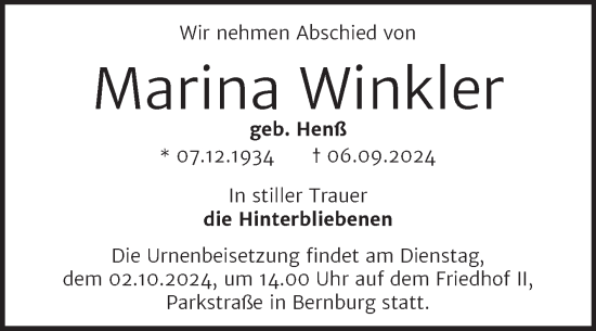 Traueranzeige von Marina Winkler von Trauerkombi Bernburg