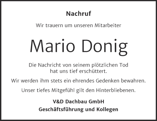 Traueranzeige von Mario Donig von Super Sonntag Wittenberg