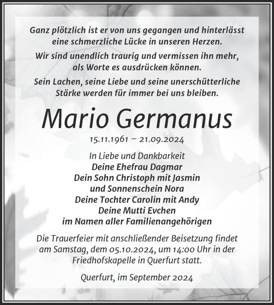 Traueranzeige von Mario Germanus von Trauerkombi Merseburg