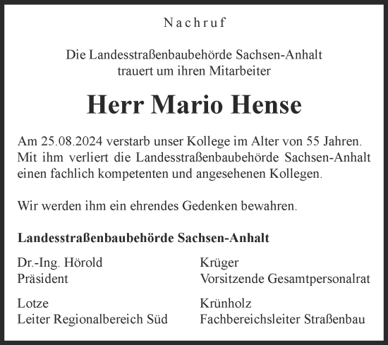 Traueranzeige von Mario Hense von Mitteldeutsche Zeitung Mansfelder Land