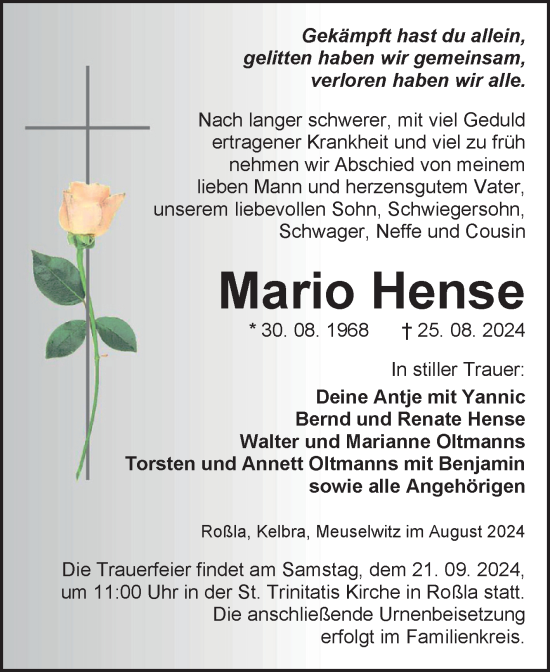Traueranzeige von Mario Hense von Trauerkombi Sangerhausen