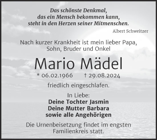 Traueranzeige von Mario Mädel von Trauerkombi Mansfelder Land
