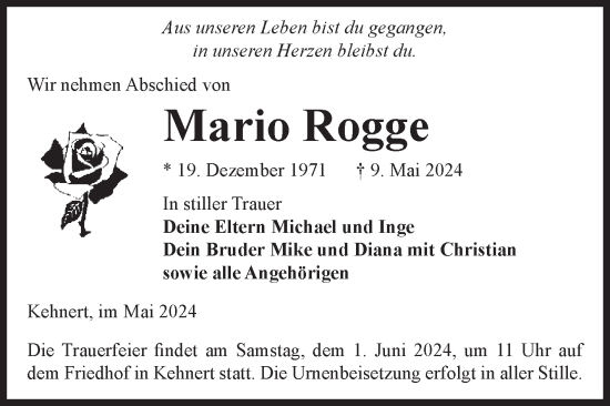 Traueranzeige von Mario Rogge von Volksstimme Altmark Ost
