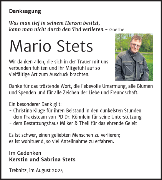 Traueranzeige von Mario Stets von Trauerkombi Zeitz