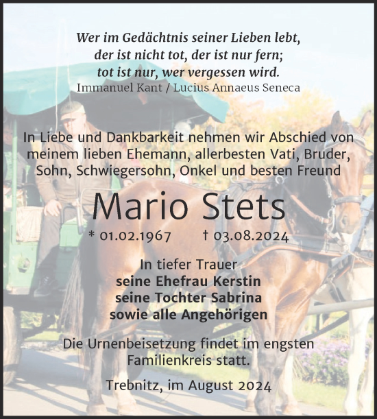 Traueranzeige von Mario Stets von Trauerkombi Weißenfels