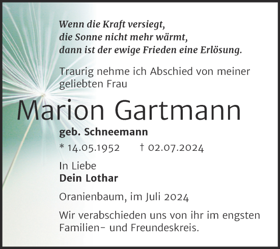 Traueranzeige von Marion Gartmann von Super Sonntag Wittenberg