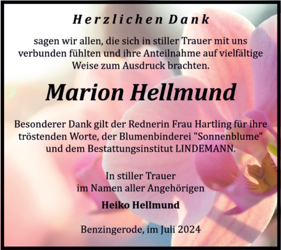 Traueranzeige von Marion Hellmund von Volksstimme Wernigerode
