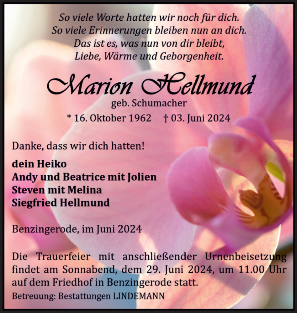  Traueranzeige für Marion Hellmund vom 08.06.2024 aus Volksstimme Wernigerode