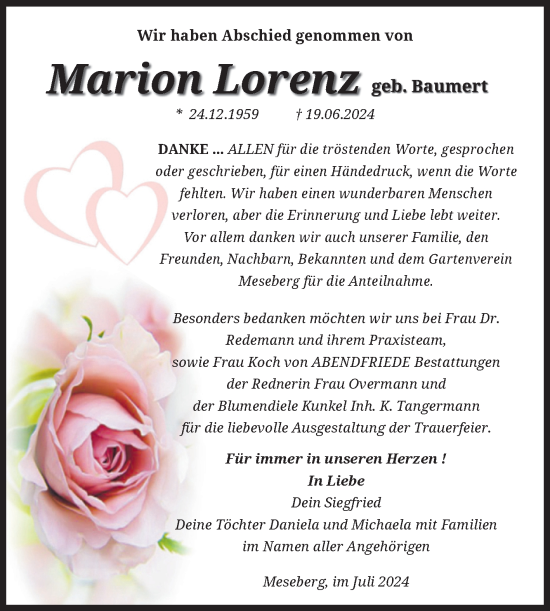 Traueranzeige von Marion Lorenz von Volksstimme Haldensleben/Wolmirstedt