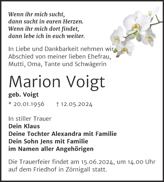 Traueranzeige von Marion Voigt von Trauerkombi Wittenberg