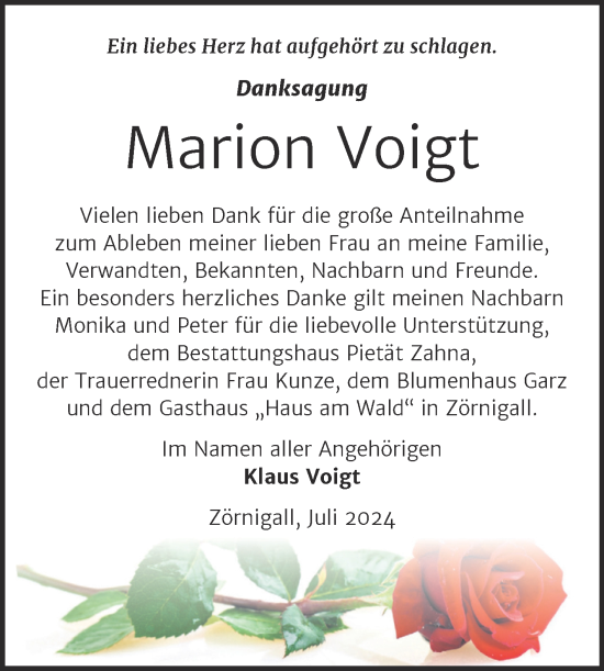 Traueranzeige von Marion Voigt von Trauerkombi Wittenberg