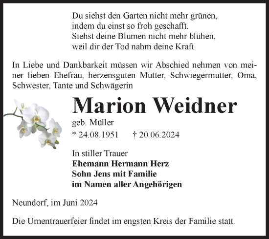 Traueranzeige von Marion Weidner von Volksstimme Staßfurt