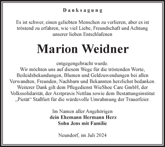 Traueranzeige von Marion Weidner von Volksstimme Staßfurt