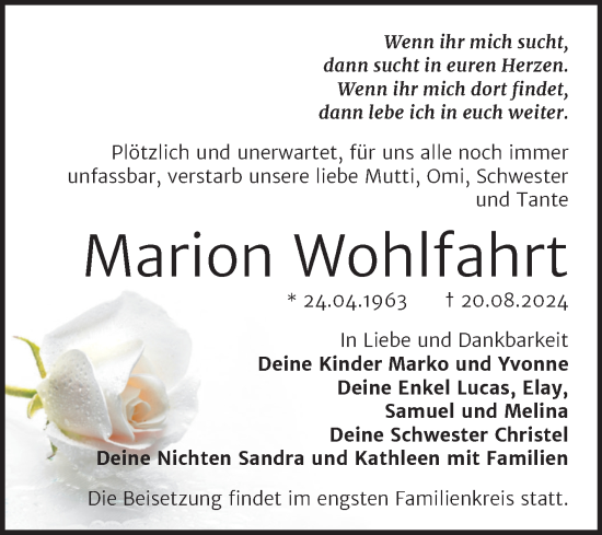 Traueranzeige von Marion Wohlfahrt von Trauerkombi Bitterfeld