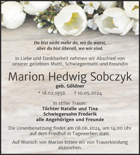 Traueranzeige von Marion Hedwig Sobczyk von Mitteldeutsche Zeitung Weißenfels