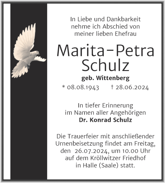 Traueranzeige von Marita-Petra Schulz von Mitteldeutsche Zeitung Halle/Saalkreis