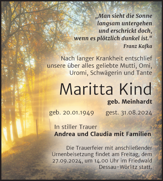 Traueranzeige von Maritta Kind von SuperSonntag Bitterfeld