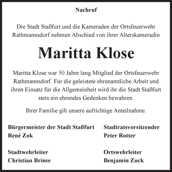 Traueranzeige von Maritta Klose von Volksstimme Staßfurt