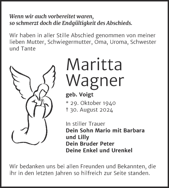 Traueranzeige von Maritta Wagner von Trauerkombi Zeitz