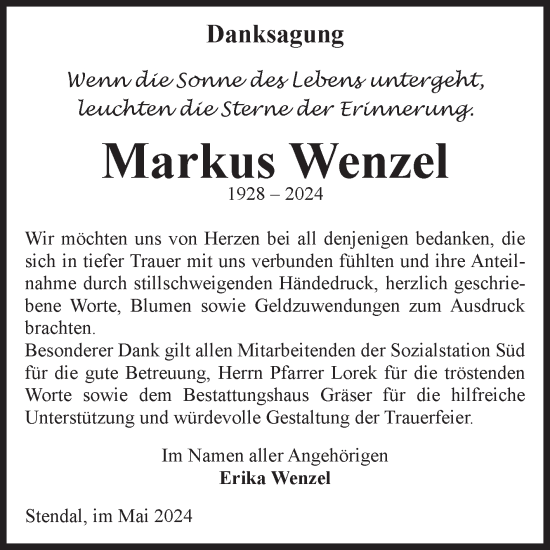 Traueranzeige von Markus Wenzel von Volksstimme Altmark Ost