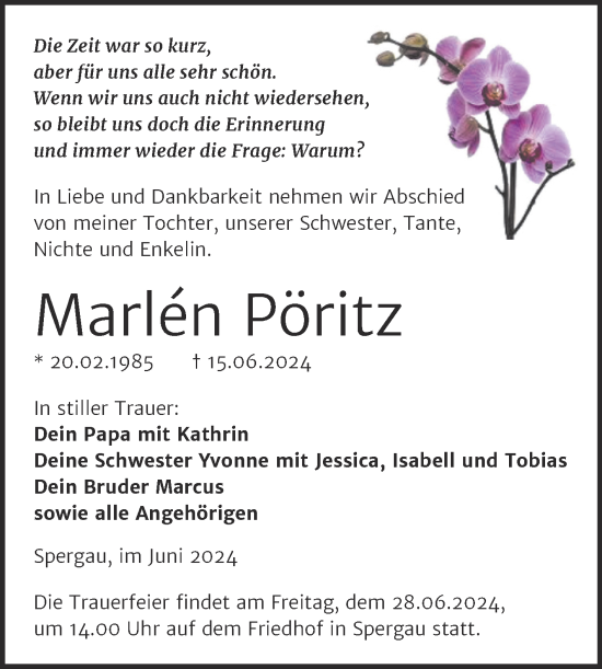 Traueranzeige von Marlen Pöritz von Trauerkombi Merseburg