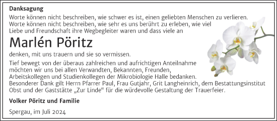 Traueranzeige von Marlen Pöritz von Trauerkombi Merseburg