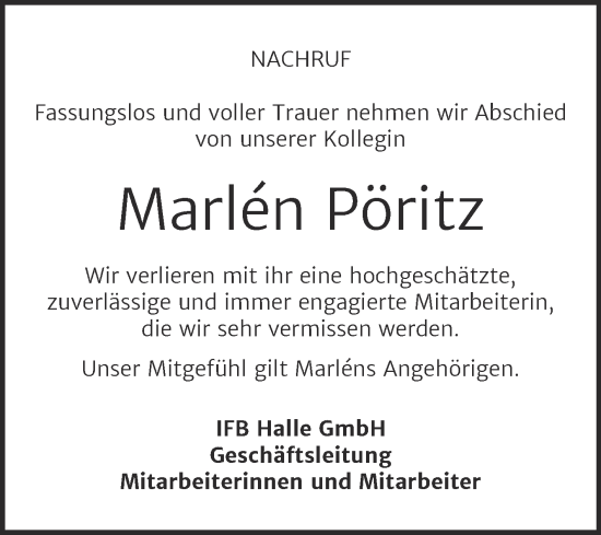 Traueranzeige von Marlen Pöritz von Mitteldeutsche Zeitung Halle/Saalkreis